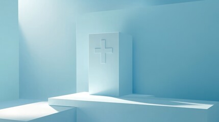 Poster - Light-filled, minimalist room with a white cross.  Possible use  Product display, advertising, religion