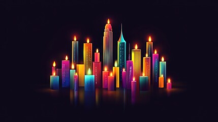 Poster - Colorful candles representing city skyline, night scene.  Possible use stock photo for advertising, social media, or print media
