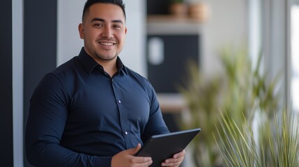 Poster - A young man stands in a stylish office, smiling as he holds a tablet. Natural light floods the space, highlighting plants and contemporary design details, creating an inviting atmosphere