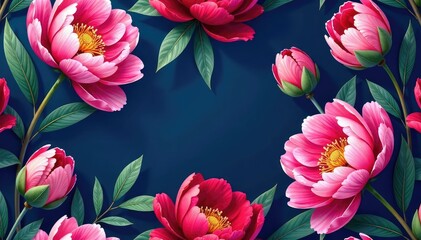 Wall Mural - Bold, graphic, large-scale peony repeat pattern on navy blue , textile, vibrant