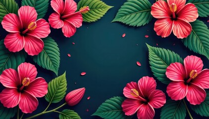 Wall Mural - Bold hibiscus blooms, vibrant tropical foliage, repeating motif, plant, summer