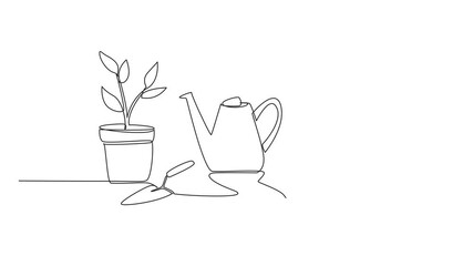 Poster - Animation of single continuous line drawing pots containing plants, watering cans, shovels, boots and rubber gloves. Green. National Gardening Day. One line self drawing animated. Full length motion