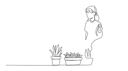 Poster - self drawing animation of one line drawing a woman in casual clothes is watering a potted plant usin