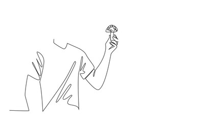 Poster - Animation of single line drawing man in casual clothes holding poisonous mushroom. Explaining inedible mushrooms. Danger. Day of the Mushroom. Continuous line self drawing animated. Full length motion