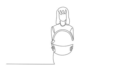Poster - self drawing animation of single line drawing woman carrying wicker basket filled with piles of mush