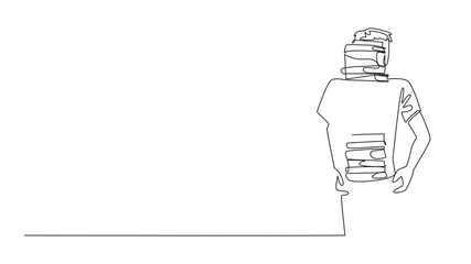 Poster - Animated self drawing of single one line drawing a man carrying a pile of books covering his head. Stack of books that have been repaired. National Librarian Day. Full length single line animation