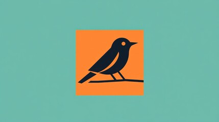 Poster - Simple bird silhouette on orange square, teal background, graphic design element, possible use in logo or icon