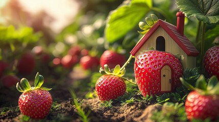 Poster - A strawberry field where each berry has a tiny house door.