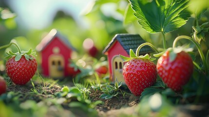 Poster - A strawberry field where each berry has a tiny house door.