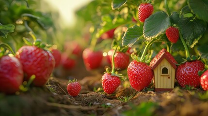 Poster - A strawberry field where each berry has a tiny house door.