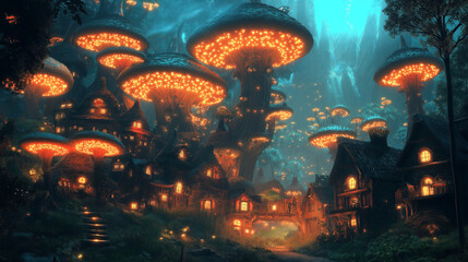 Poster - A small village built inside a glowing mushroom forest. 