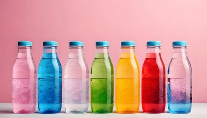 Poster - Row of plastic bottles filled with colored water displaying a rainbow of hues creating a playful and creative atmosphere
