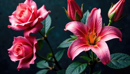 Wall Mural - Intricate blooming roses & lilies, rich jewel tones, lilies, vintage