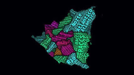 Poster - Nicaragua Intro Video. Regions Word Clouds Animation. Nicaragua regions names in Spanish language fading in on black background. Country building of territory names video. Modern animation.