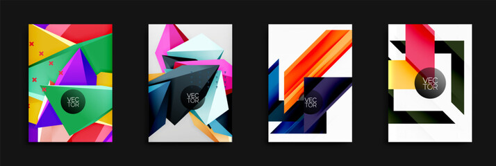 Aufkleber - Four abstract vector designs. Bright colors, geometric shapes dominate compositions. Modern style, dynamic layouts, suitable for backgrounds or posters.