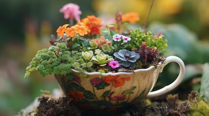 Poster - A miniature garden growing inside a teacup.