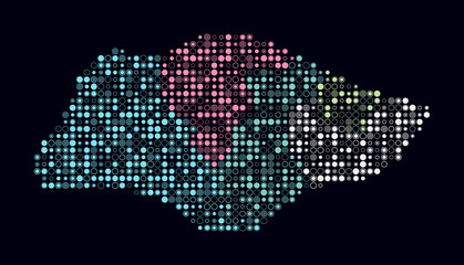 Poster - Singapore, shape of the country built of colored cells. Digital style map of Singapore on a dark background. Small size circle blocks. Beautiful vector illustration.