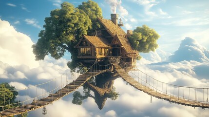 Aufkleber - A magical treehouse floating in the sky with rope bridge
