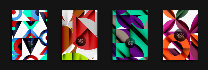 Poster - Four vibrant abstract vector designs. Geometric shapes overlap, creating dynamic compositions. Bright colorsturquoise, red, purple, orangedominate each layout. Modern aesthetic, clean lines, minimalis