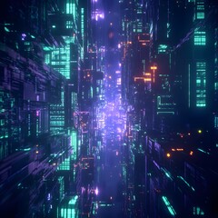 Poster - Cyberpunk Cityscape with Glowing Neon Lights, Digital Future