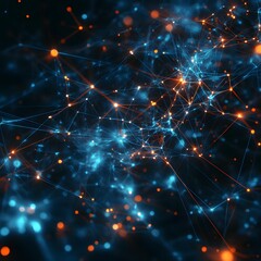 Poster - Abstract network of interconnected glowing nodes against a dark blue background.