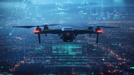 Poster - An AI powered system enhancing autonomous drone navigation by analyzing real time flight and environmental data, futuristic AI-driven aerial platform, Aerial technology style
