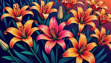 Wall Mural - intricate line art lilies, densely packed, forming a vibrant repeating design , graphic, repeat, rep