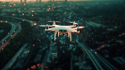 Poster - An AI powered system enhancing autonomous drone navigation by analyzing real time flight and environmental data, futuristic AI-driven aerial platform, Aerial technology style