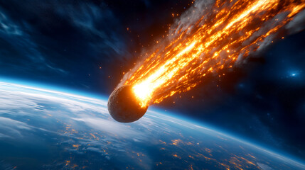Wall Mural - A fiery meteor streaks through the dark sky, entering Earth's atmosphere