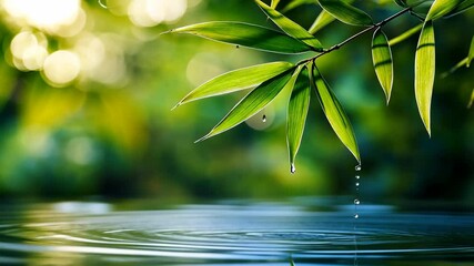 Poster - Bamboo Leaves and Water Droplets: A Serene Reflection in Nature's Embrace