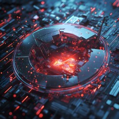 Poster - Futuristic Circuit Board with Glowing Red Details and Circular Element