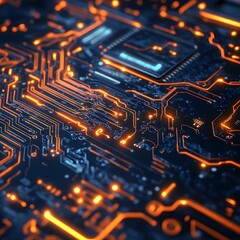 Poster - Futuristic Motherboard with Glowing Orange Circuits and Data Processing