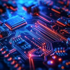 Poster - Intricate Circuit Board with Glowing Blue and Orange Details