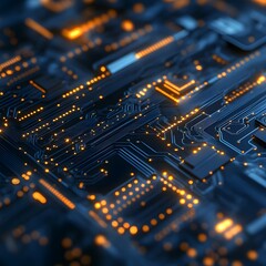 Poster - Futuristic blue circuit board with glowing orange lights