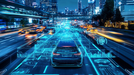 Poster - An AI powered system enhancing autonomous vehicle navigation by analyzing real time traffic data and road conditions, futuristic AI-driven vehicle platform, Automotive technology style