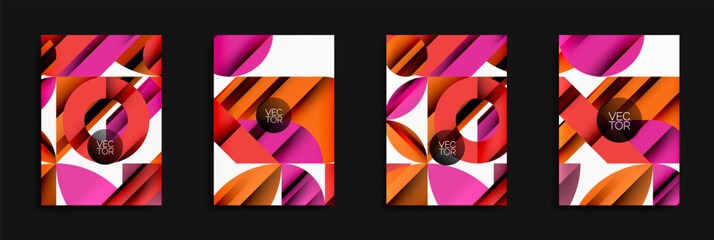 Aufkleber - Four abstract designs feature overlapping circles, lines, vibrant colors. Orange, pink, white dominate compositions. Modern aesthetic, vector graphics present dynamic visual appeal.
