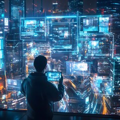 Poster - Man Using Tablet Overlooking a Futuristic Cityscape with Data Overlays