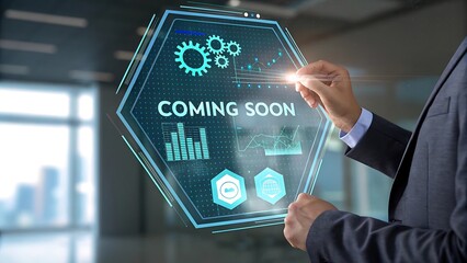 Futuristic holographic display, hexagonal interface, coming soon text, data visualization