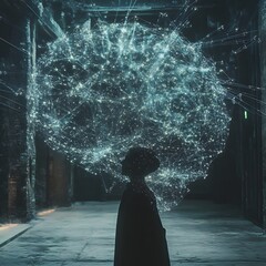 Poster - Silhouette Contemplating Glowing Network Sphere in Stone Hallway
