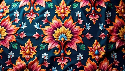 Wall Mural - Intricate, vibrant floral damask pattern on fabric , summer pattern, bloom, floral pattern