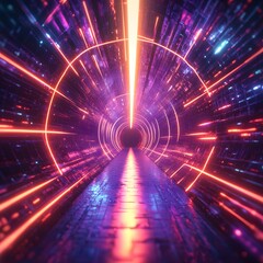 Poster - Neon Light Tunnel with Abstract Futuristic Design