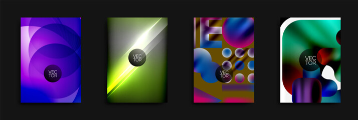 Poster - Four vibrant abstract backgrounds. Designs feature overlapping circles, fluid shapes, bright gradients, dynamic compositions. Modern vector illustrations suitable for various projects.