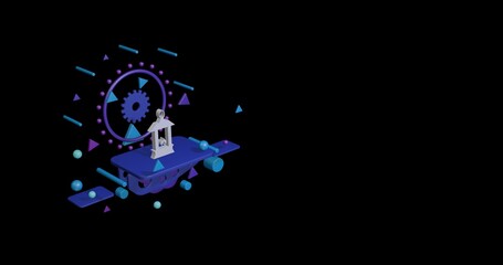 Poster - White Christmas lantern on a pedestal of abstract geometric shapes floating in the air. Abstract concept art with flying shapes on the left. 3d illustration on black background