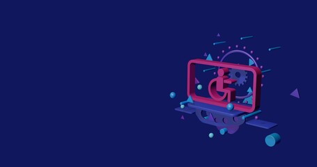 Poster - Pink disabled road sign on a pedestal of abstract geometric shapes floating in the air. Abstract concept art with flying shapes on the right. 3d illustration on indigo background