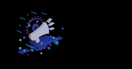 Poster - White megaphone symbol on a pedestal of abstract geometric shapes floating in the air. Abstract concept art with flying shapes on the left. 3d illustration on black background