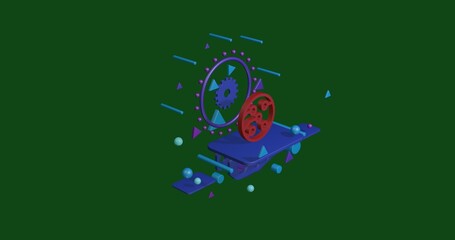 Poster - Red electrical board symbol on a pedestal of abstract geometric shapes floating in the air. Abstract concept art with flying shapes in the center. 3d illustration on green background