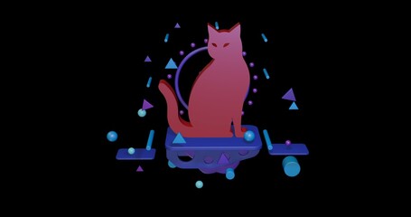 Poster - Red cat icon on a pedestal of abstract geometric shapes floating in the air. Abstract concept art with flying shapes in the center. 3d illustration on black background