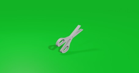 Poster - Isolated realistic white scissors symbol front view with shadow. 3d illustration on green chroma key background