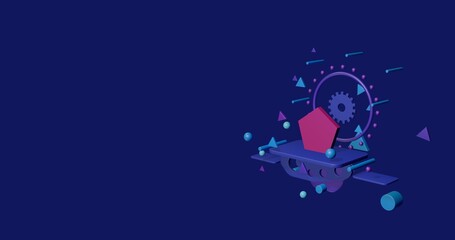 Poster - Pink pentagon symbol on a pedestal of abstract geometric shapes floating in the air. Abstract concept art with flying shapes on the right. 3d illustration on indigo background