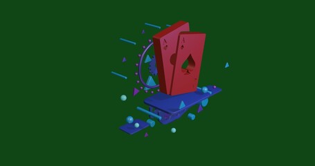Poster - Red two aces symbol on a pedestal of abstract geometric shapes floating in the air. Abstract concept art with flying shapes in the center. 3d illustration on green background